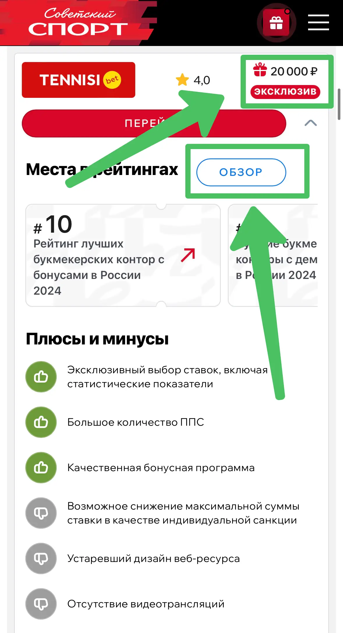 Бонусы и кнопка «Обзор»