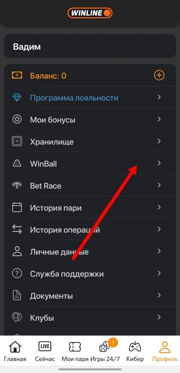 Переход в раздел winball