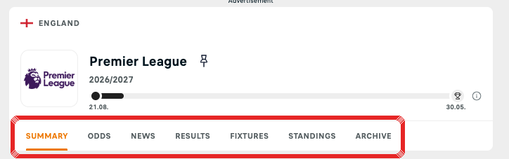 Страница лиги Soccerway, красной рамкой выделены вкладки Summary, Results, Fixtures и Standings