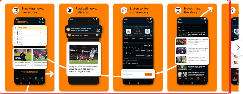 Страница Soccerway в Google Play, красной рамкой выделены скриншоты приложения с лайв-счетом и новостями