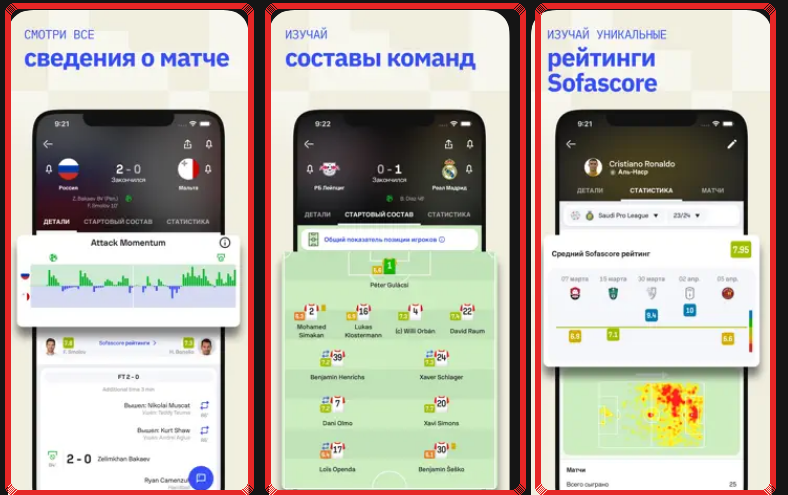 Страница Sofascore в App Store, красной рамкой выделены экраны с данными матча, составами и рейтингами