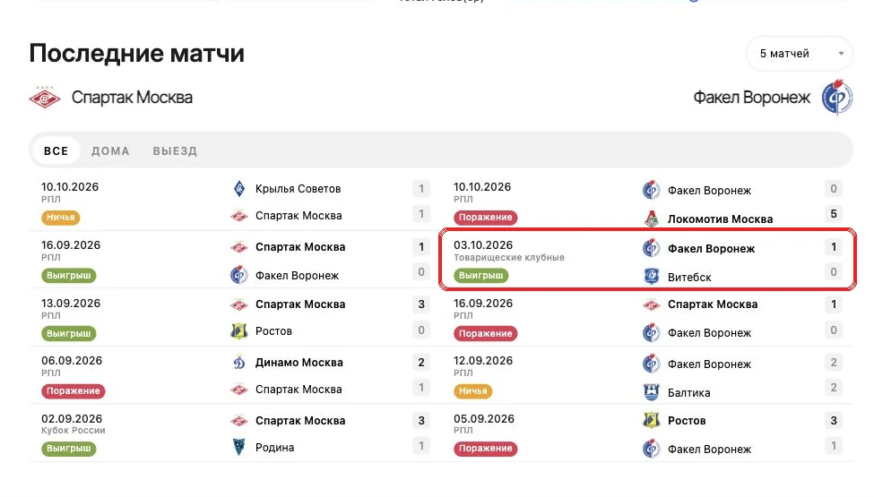 Матч-центр SovSport, последние игры «Спартака» и «Факела»: красной рамкой выделена товарищеская встреча «Факела» с «Витебском»