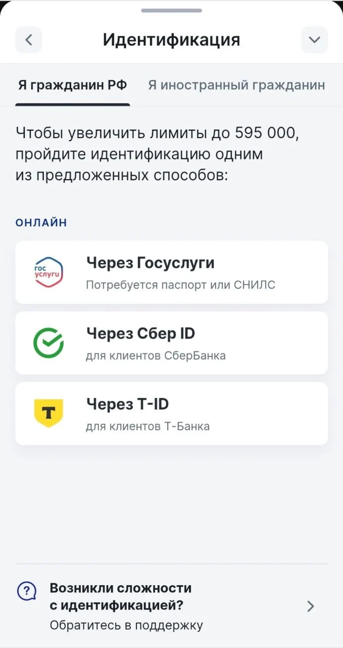 Окно с выбором идентификации
