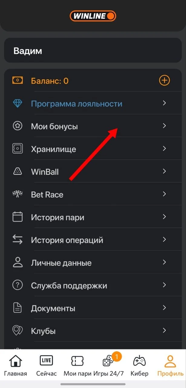 Переход в раздел бонусов
