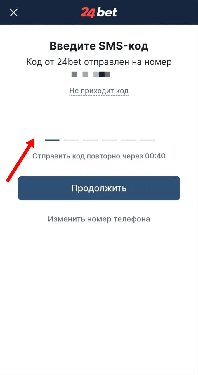 Ввод кода подтверждения из СМС